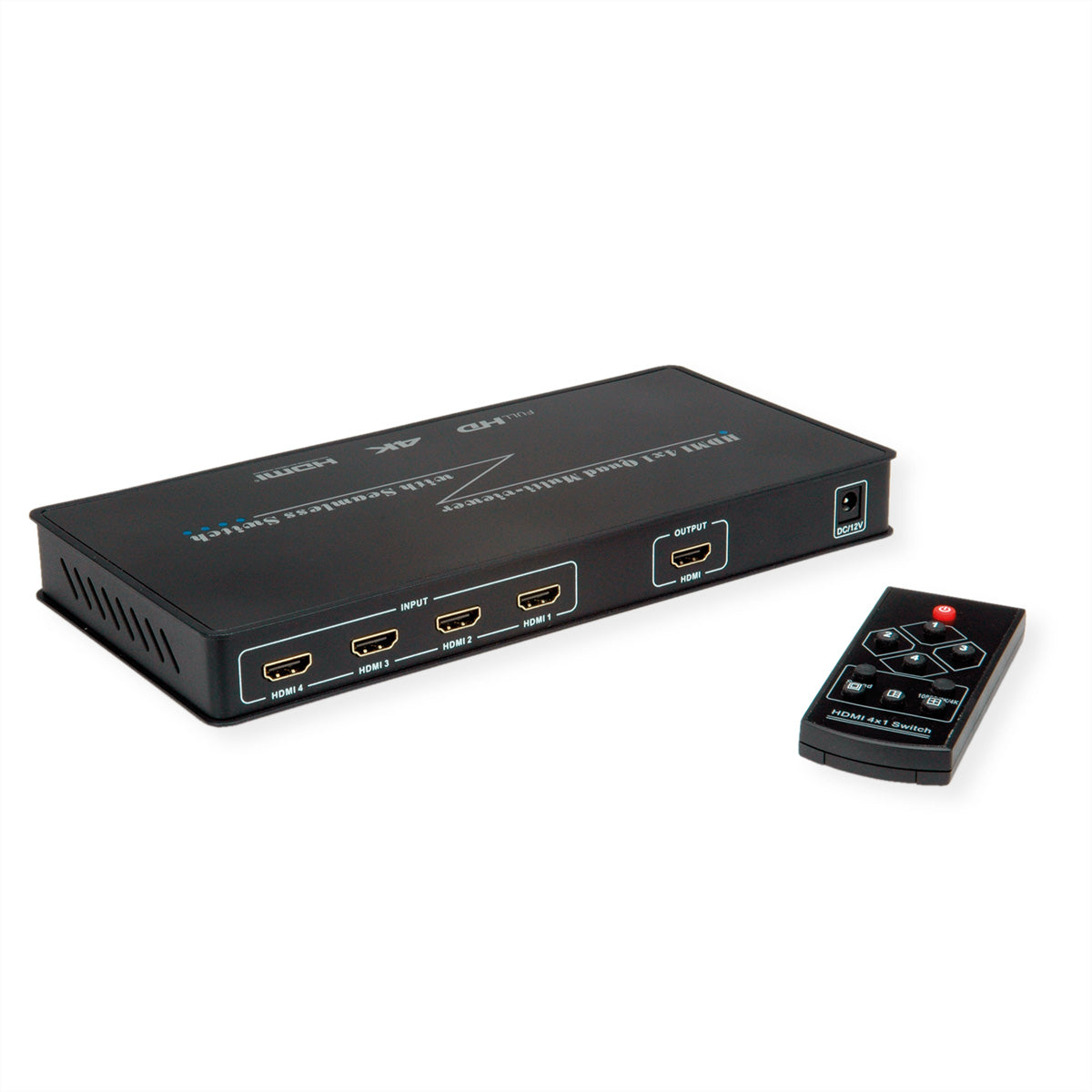 ROLINE Quad Multi-Viewer Switch, 4× HDMI In/1× HDMI Out, 4K@30 Hz, Fernbedienung, Netzteil, Schwarz