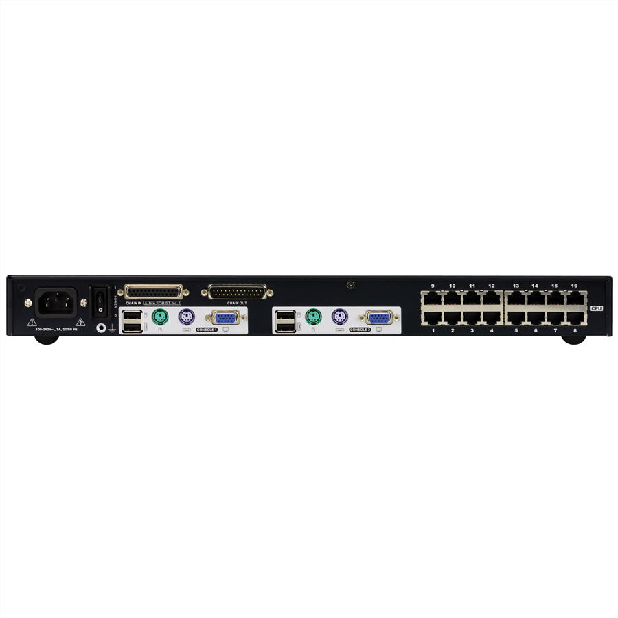 ATEN KH2516A – KVM-Switch Cat 5 – 16×RJ45, 2 Konsolen, DisplayPort/HDMI/DVI/VGA, Schwarz, 19" Rack