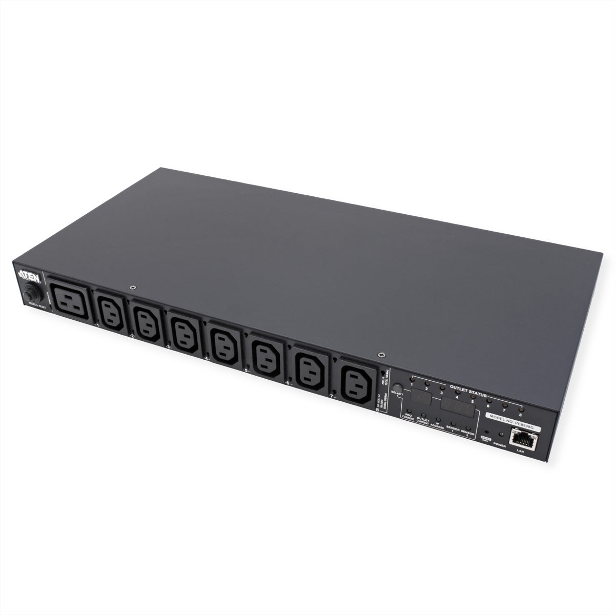 ATEN PE8208G – Rack-PDU Überwacht, 7× IEC C13 + 1× IEC C19, 16 A, Stecker IEC C20, 1U horizontal, 3,6 kW