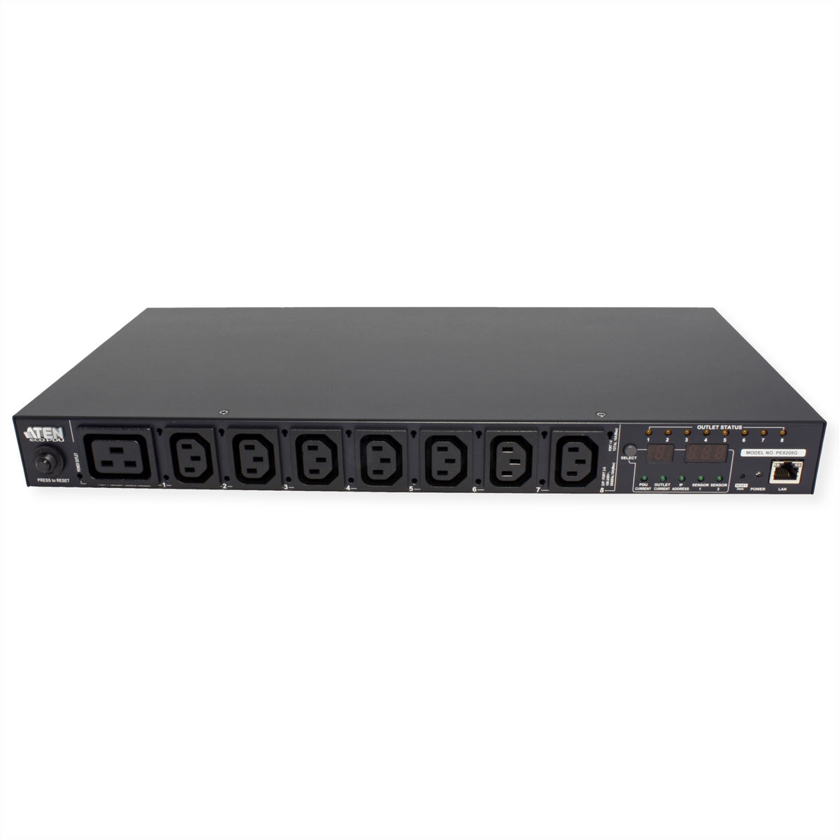 ATEN PE8208G – Rack-PDU Überwacht, 7× IEC C13 + 1× IEC C19, 16 A, Stecker IEC C20, 1U horizontal, 3,6 kW