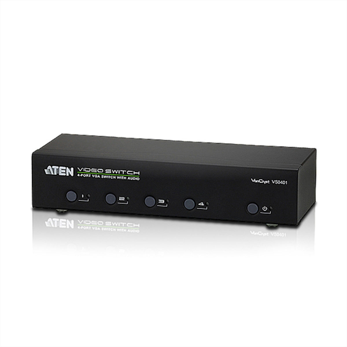 ATEN VS0401 – VGA-Video-Switch, 4× VGA Eingang / 1× VGA Ausgang, max. 1920 × 1440, 65 m, Stereo-Audio, RS-232, Schwarz