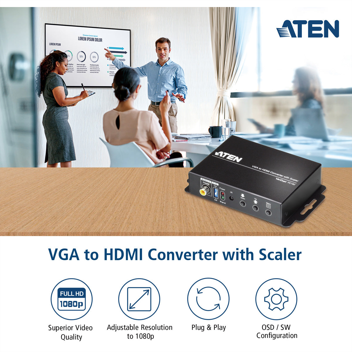 ATEN VC182 Adapter VGA zu HDMI – bis 1920 × 1200 (inkl. 1080p), mit Skalierer & Audio zu HDMI, schwarz