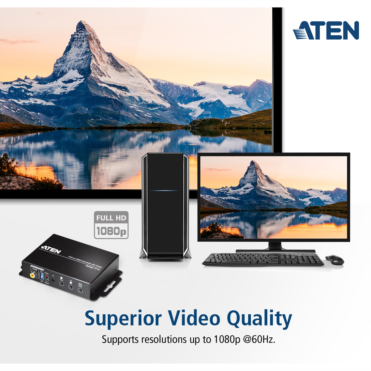 ATEN VC182 Adapter VGA zu HDMI – bis 1920 × 1200 (inkl. 1080p), mit Skalierer & Audio zu HDMI, schwarz
