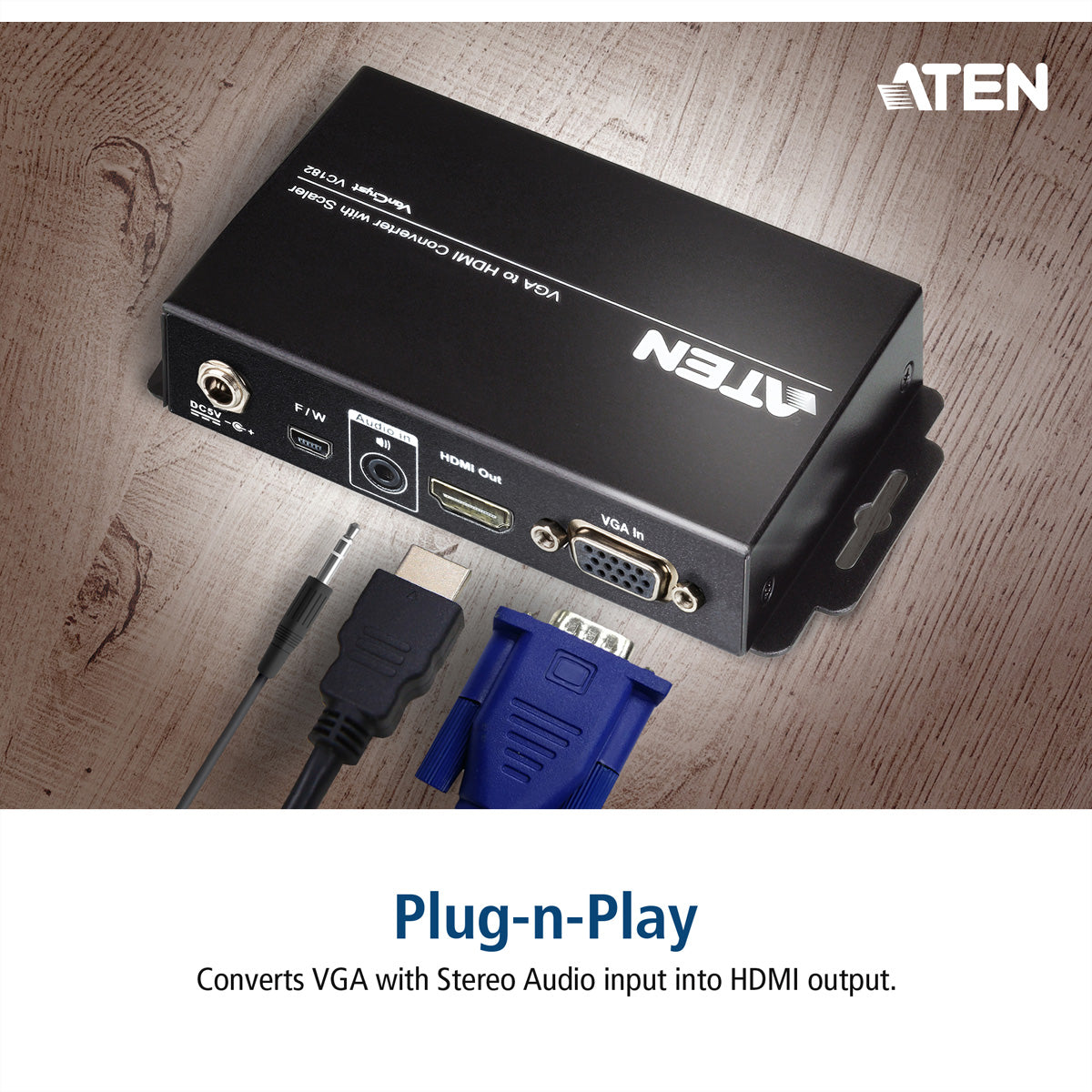 ATEN VC182 Adapter VGA zu HDMI – bis 1920 × 1200 (inkl. 1080p), mit Skalierer & Audio zu HDMI, schwarz