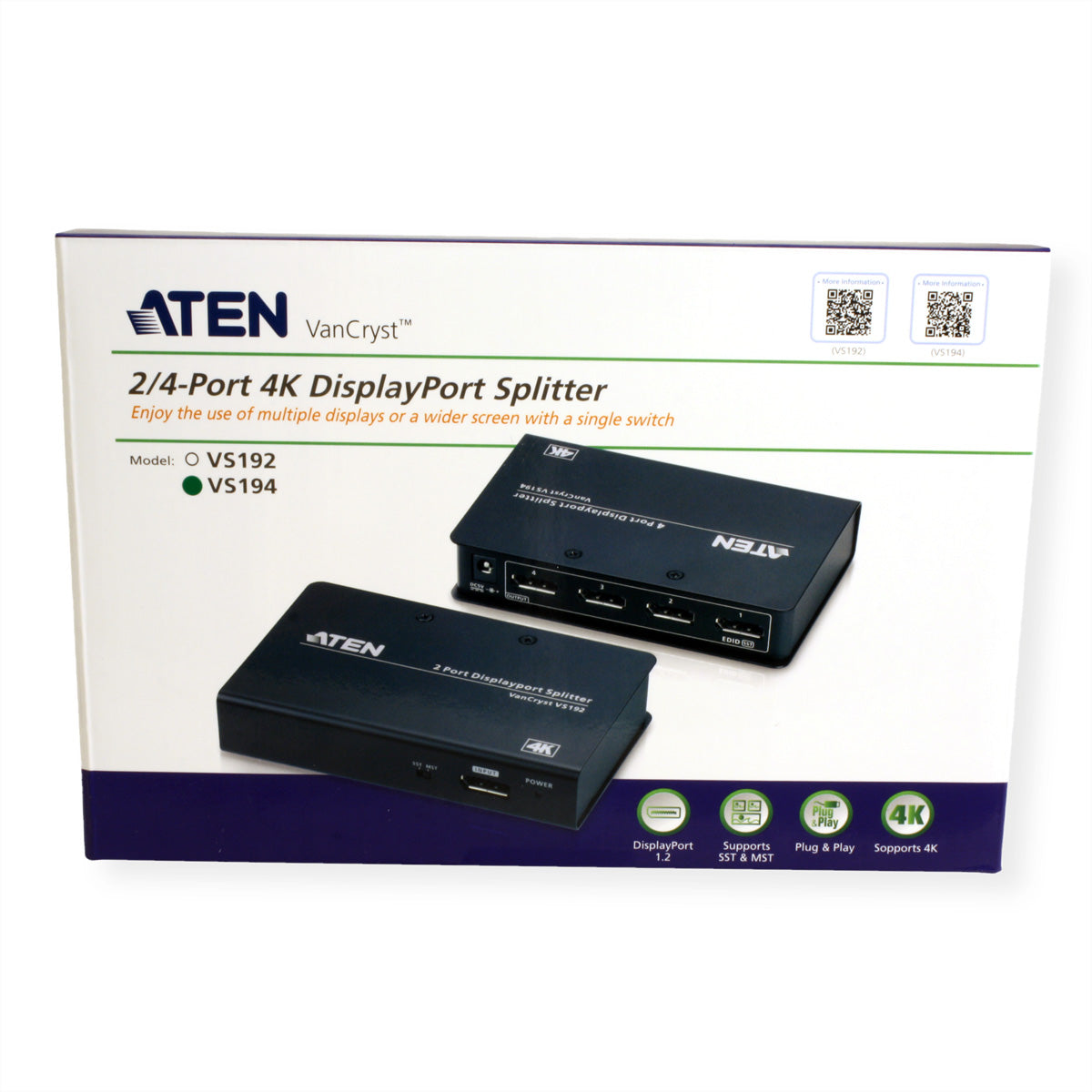 ATEN VS194 – DisplayPort Splitter, DP 1.2a, 1× DP In / 4× DP Out, 4K@60 Hz, HDCP, MST/SST, Schwarz