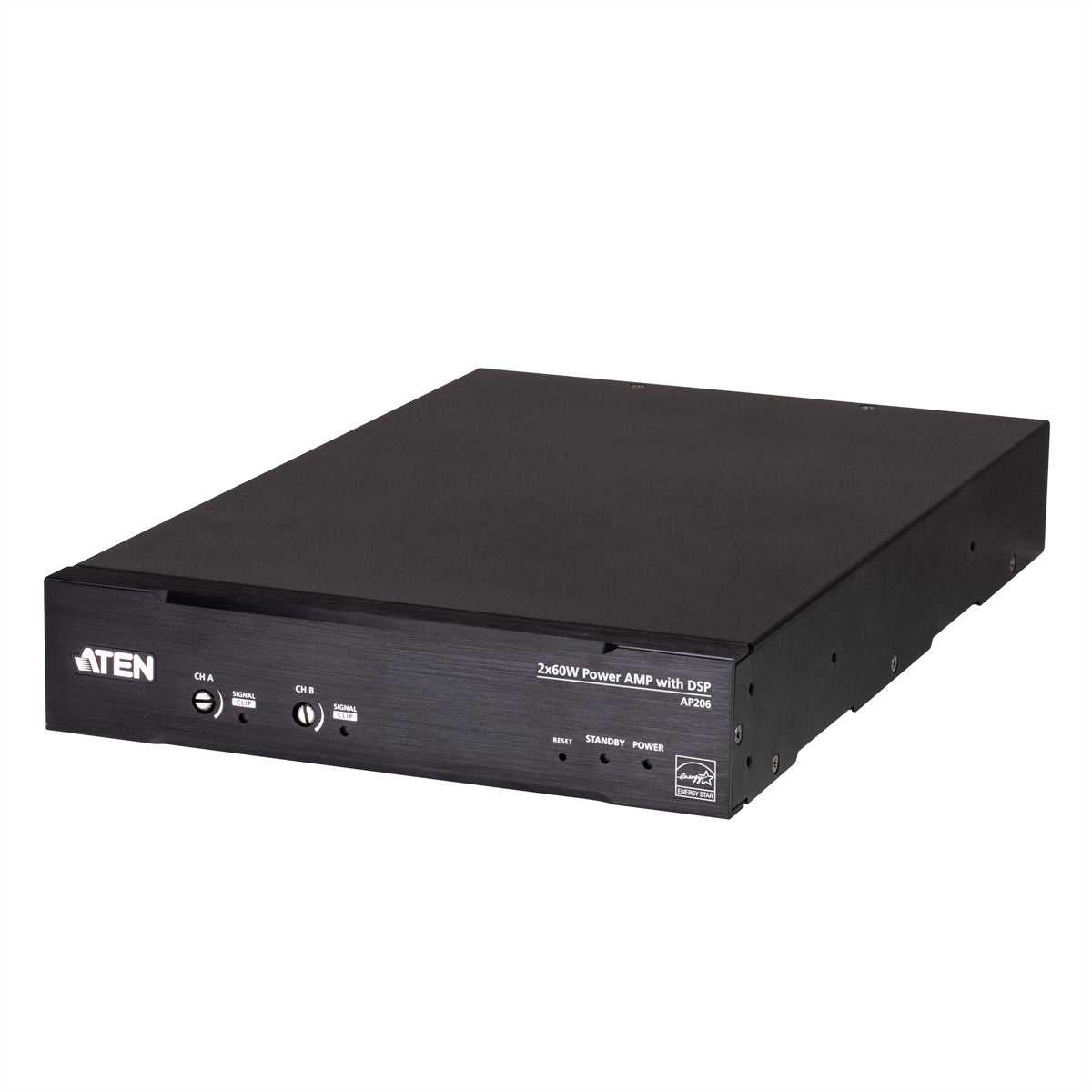 ATEN AP206 – Stereo-Vollverstärker, 2×60 W (8 Ω), Euroblock, RS-232, Schwarz