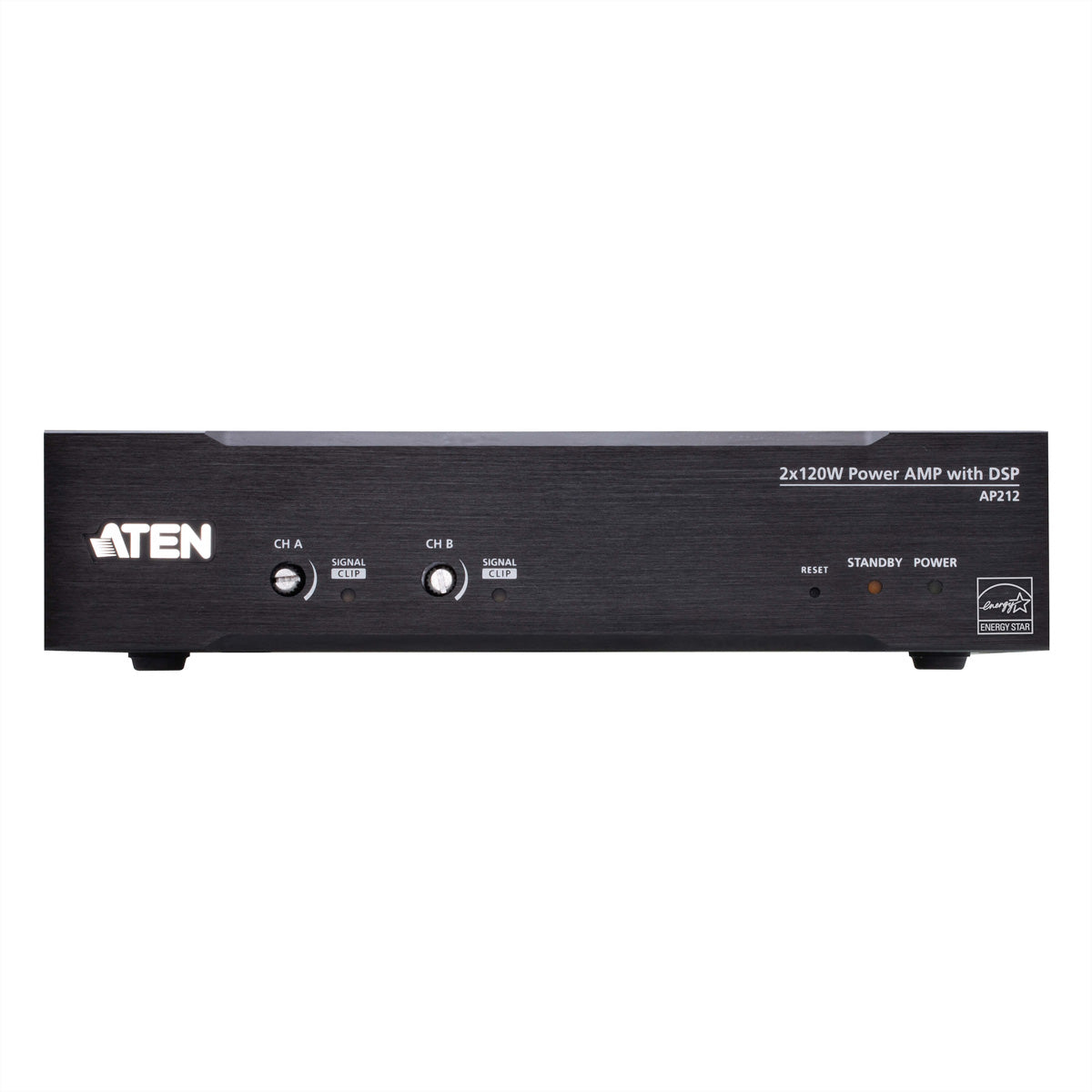 ATEN AP212 – Stereo-Vollverstärker, 2×120 W (8 Ω), Euroblock, RS-232, Schwarz