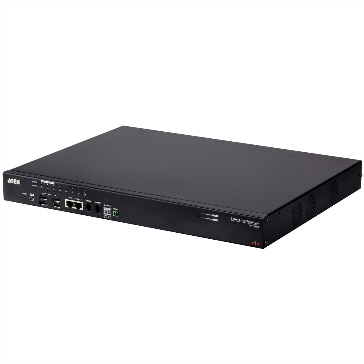 ATEN SN1116CO Serieller Konsolenserver – 16× RJ‑45, 2× SFP, 4× USB 2.0, Duale Stromversorgung – Schwarz