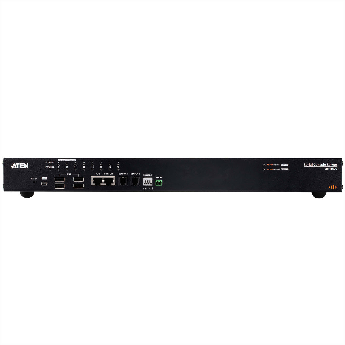 ATEN SN1116CO Serieller Konsolenserver – 16× RJ‑45, 2× SFP, 4× USB 2.0, Duale Stromversorgung – Schwarz