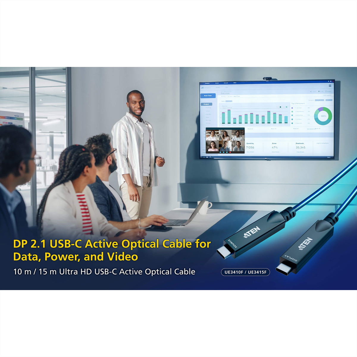 ATEN USB-C auf USB-C Kabel – USB 3.2 Gen 2 (10 Gbit/s) – 15 m – PD 60 W – 4K/60 (DP 1.4/2.1) – Schwarz