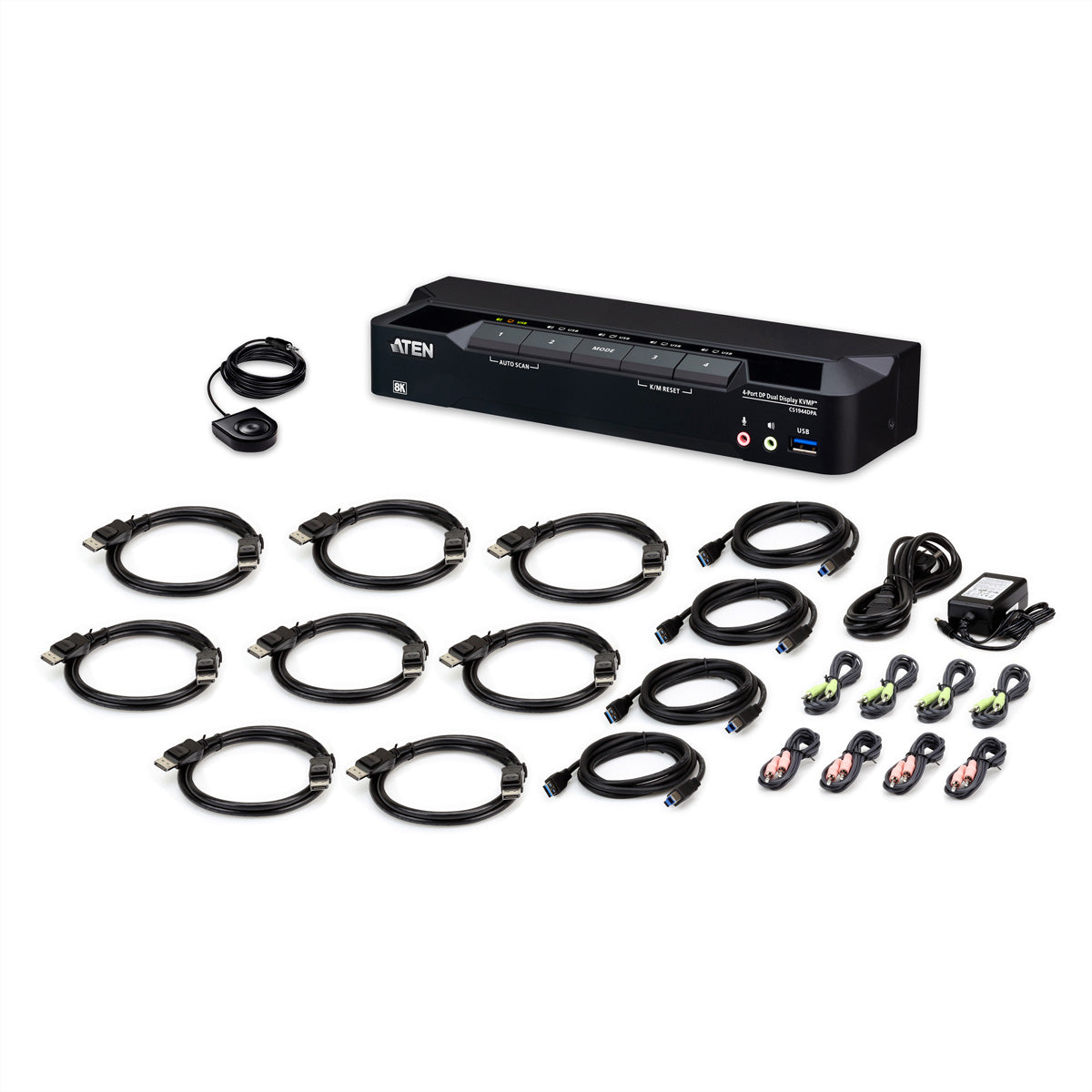 ATEN CS1944DPA – KVM-Switch (Dual-Display) – 4-Port, 8×DP, USB-3.0-Hub 5 Gbit/s, 8K@60, 4K@120, Schwarz