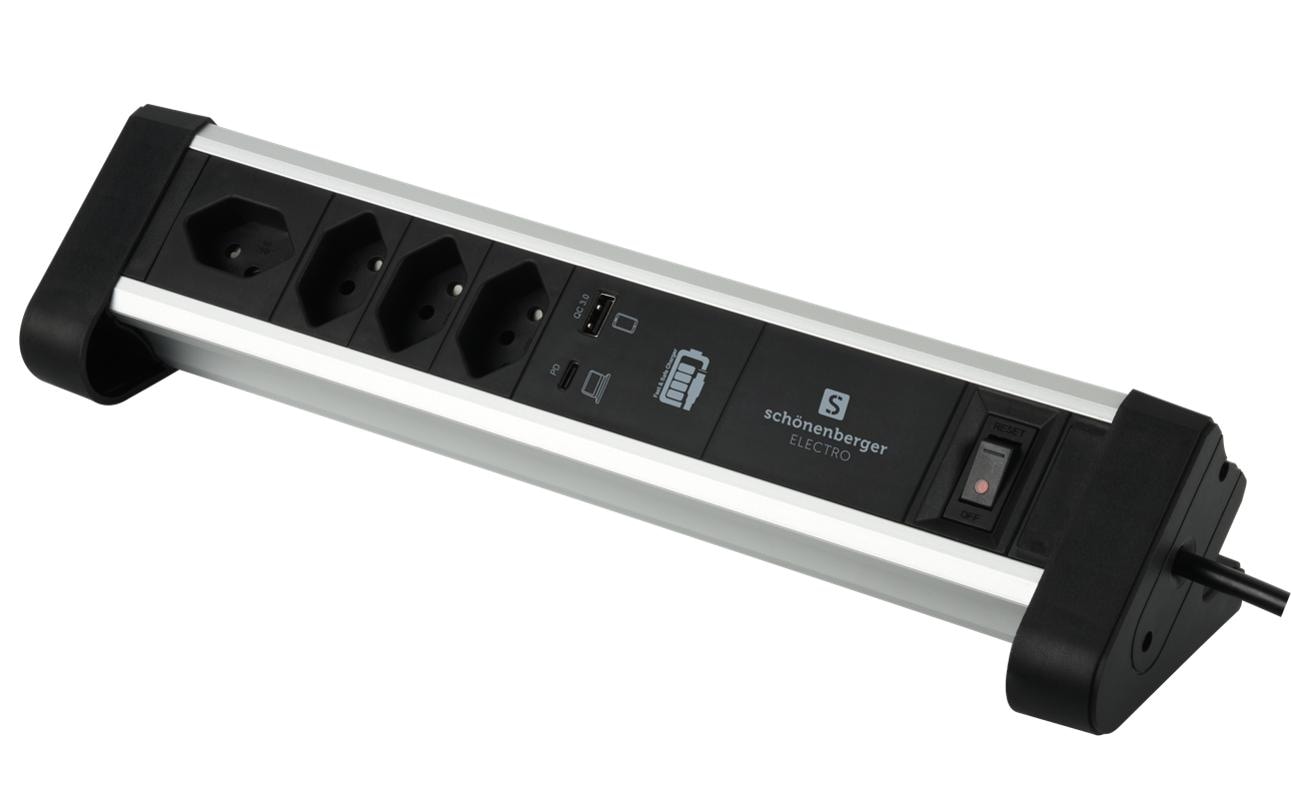M. Schönenberger Schönenberger Alu-Office-Line Tischsteckdosenleiste, 4×T13, 2×USB, 2 m, Überlastschutz, mit Schalter – Silber
