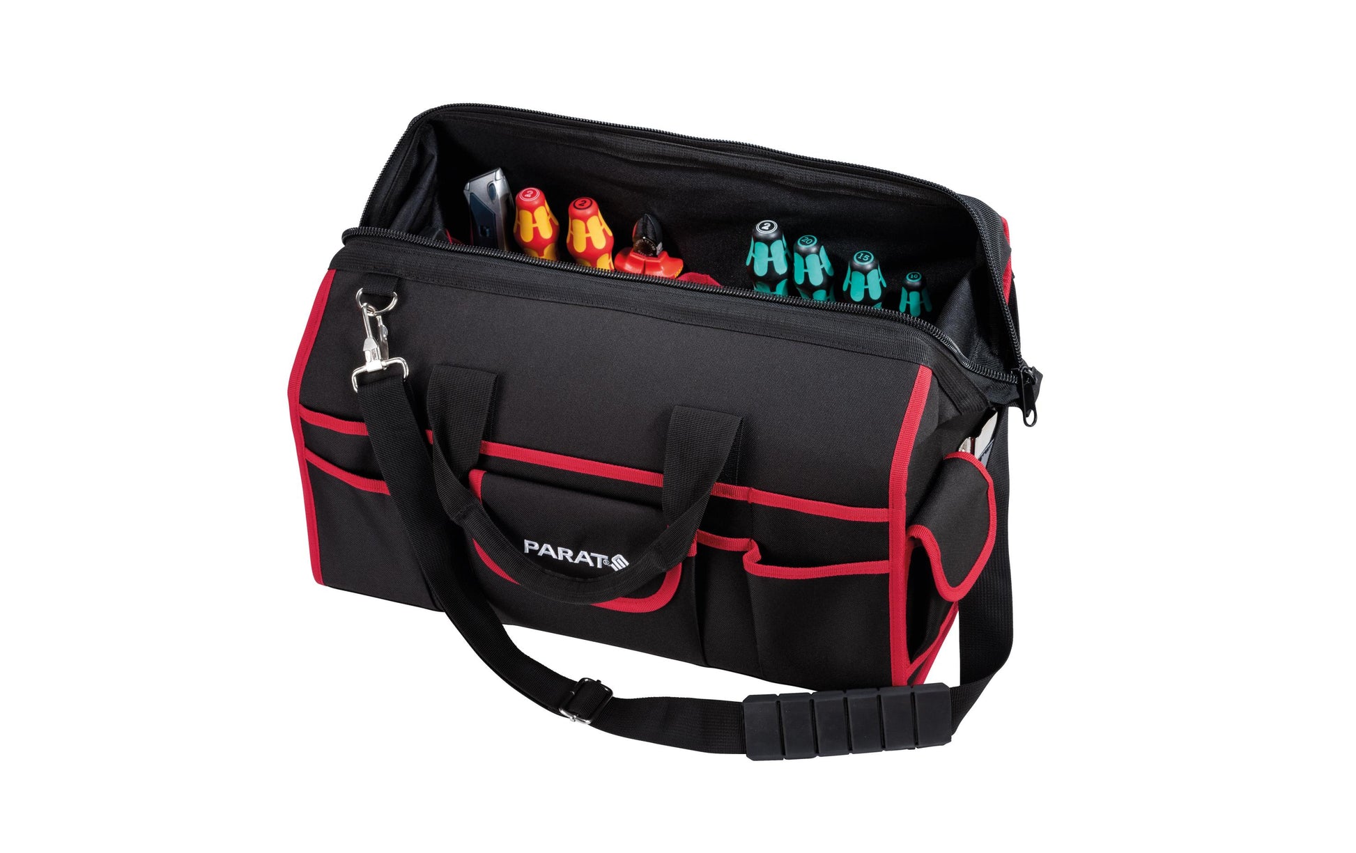 Parat Werkzeugtasche – Schultergurt, 30 Fächer, abschliessbar, Schwarz/Rot, Nylon, B 465 × H 350 × T 270 mm