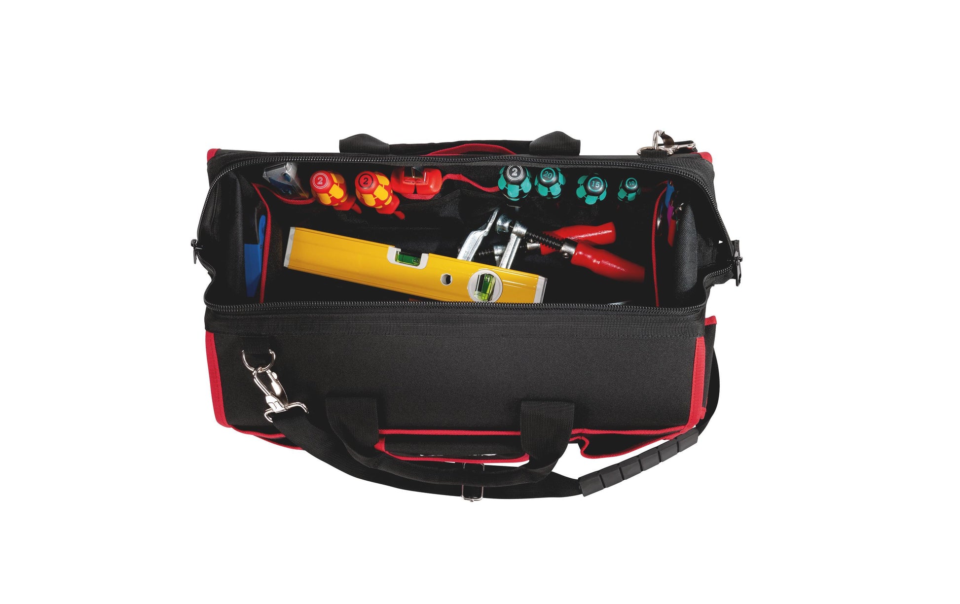 Parat Werkzeugtasche – Schultergurt, 30 Fächer, abschliessbar, Schwarz/Rot, Nylon, B 465 × H 350 × T 270 mm
