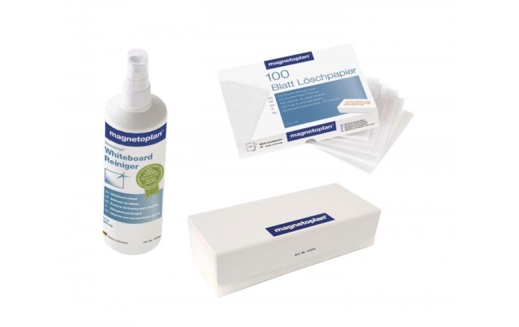 Magnetoplan Reinigungs-Set – Löscher (magnetisch), 100 Blatt Löschpapier, Pumpspraydose zur Tafelreinigung