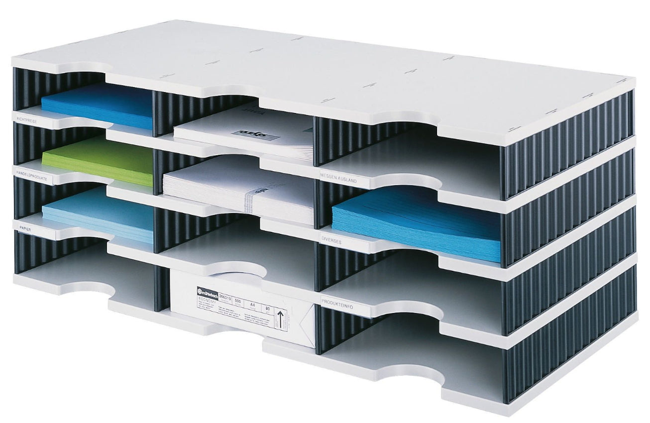Styro Briefkorb – Kunststoff, 12 Fächer, Blau, Grau, B 723 × H 293 × T 331 mm, Serie Styrodoc trio