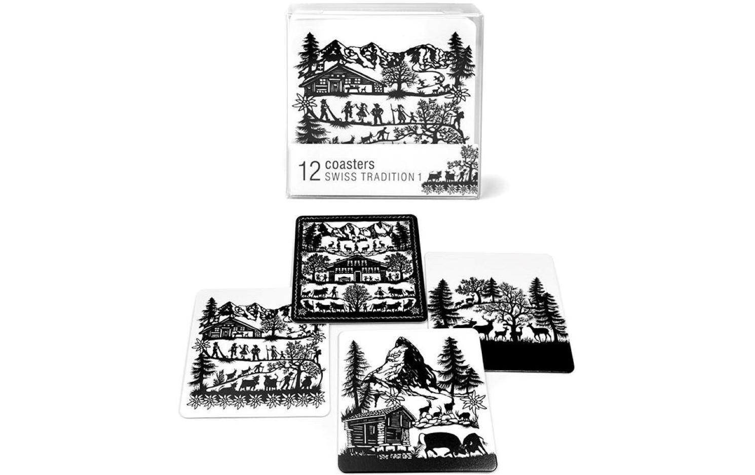 Trendform Untersetzer Swiss Tradition – 12er Set, 9,0 × 9,0 × 0,2 cm, Karton, Schwarz/Weiss, für Gläser