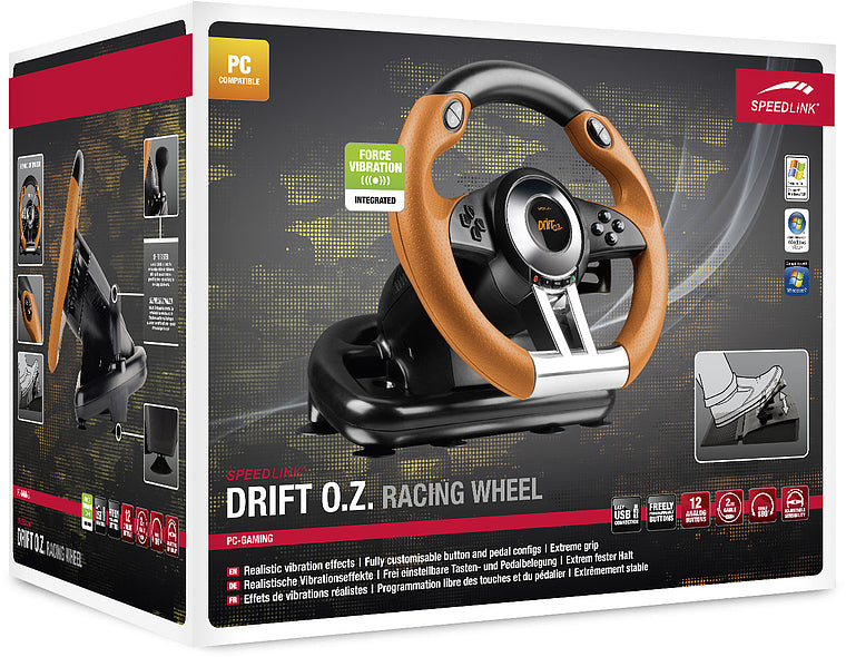 SPEEDLINK DRIFT O.Z. SL6695BKO – Gamepad – USB (kabelgebunden), Lenkrad mit Pedalen, 12 Tasten, Vibration – für PC