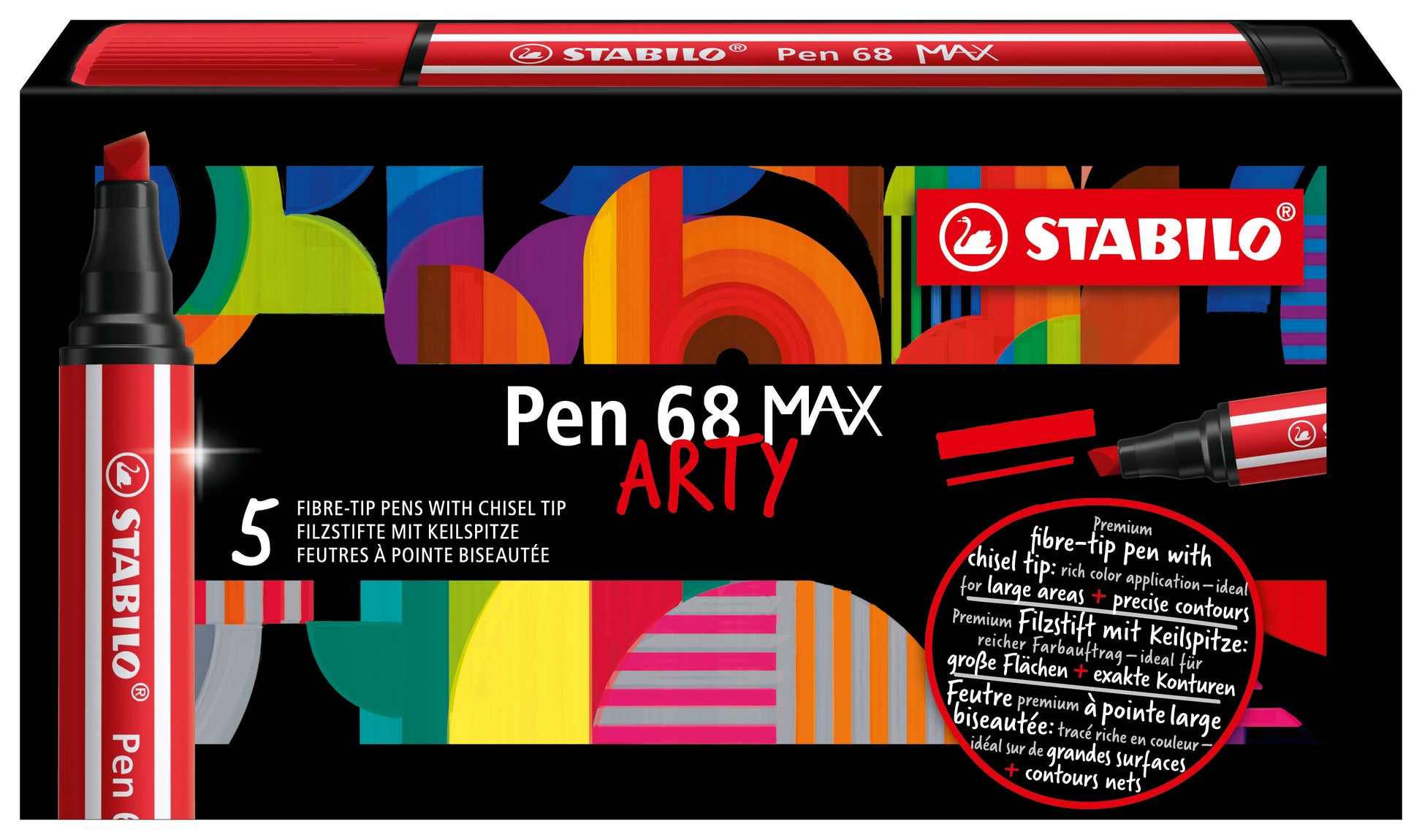 STABILO Pen 68 MAX Filzstift, Doppelspitze – Keil/Rundspitze, 1 mm + 5 mm, wasservermalbar, Karminrot, 5er Set