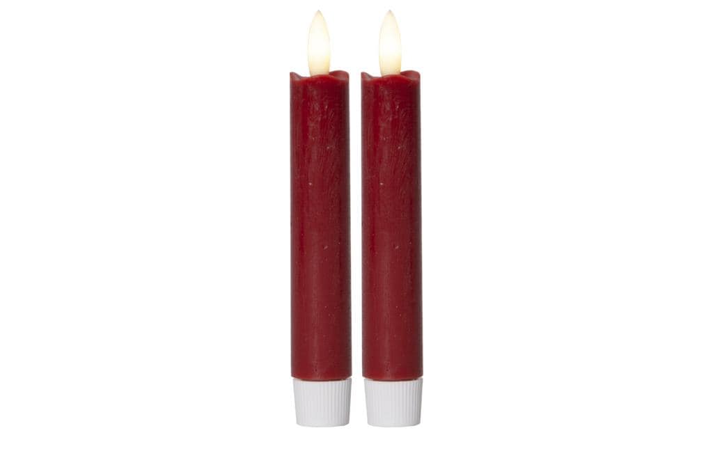 Star Trading LED-Teelicht Dinner Kerze Flamme – 2er Pack, Ø 2,1 × 15 cm, Warmweiss, Timer, flackernd, Rot