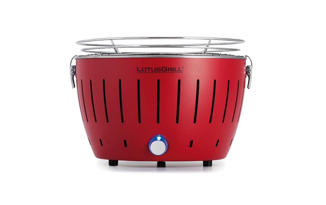 LotusGrill G280 – Tischgrill, Holzkohle, Ø 29 cm, 29 × 29 × 29 cm, Edelstahl, Dunkelrot, mit USB