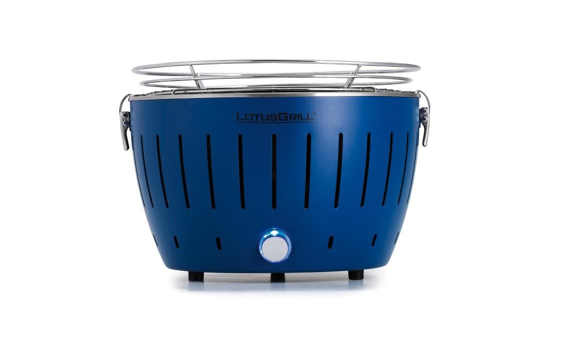 LotusGrill Tischgrill G280 – 26 cm Kochfläche, Holzkohle, USB-Anschluss – Dunkelblau/Edelstahl