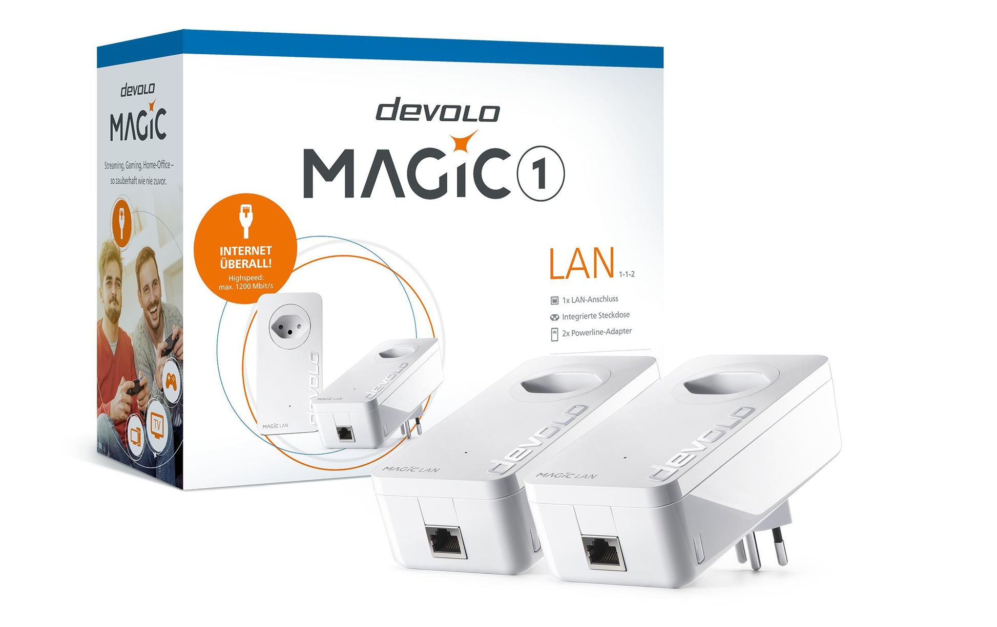 Devolo Magic 1 LAN – Powerline Adapter – 1200 Mbit/s, 1× RJ‑45 1G, 2er-Set, integrierte Steckdose, Weiss