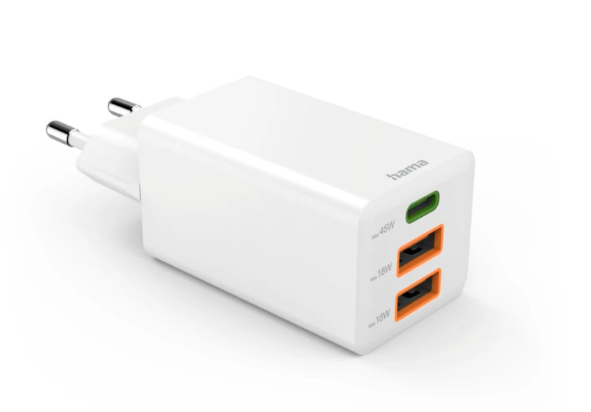 Hama 00201995 USB-Ladegerät 45 W – USB-C×1, USB-A×2 – PD 3.0, QC 3.0, GaN – Weiss