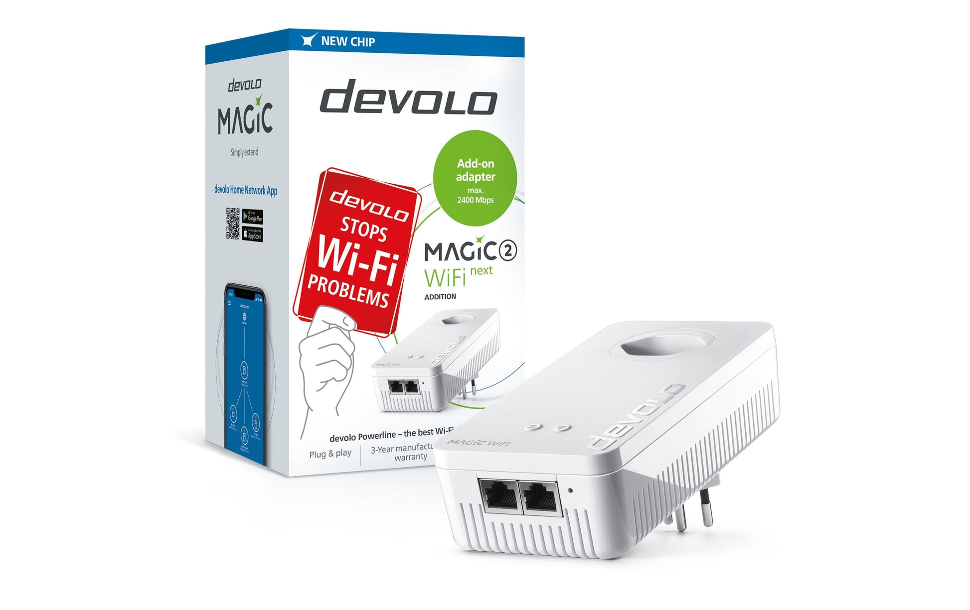 Devolo Magic 2 Wi‑Fi next – Powerline Adapter – 2400 Mbit/s, Wi‑Fi 5 (802.11ac), 2× 1G RJ‑45