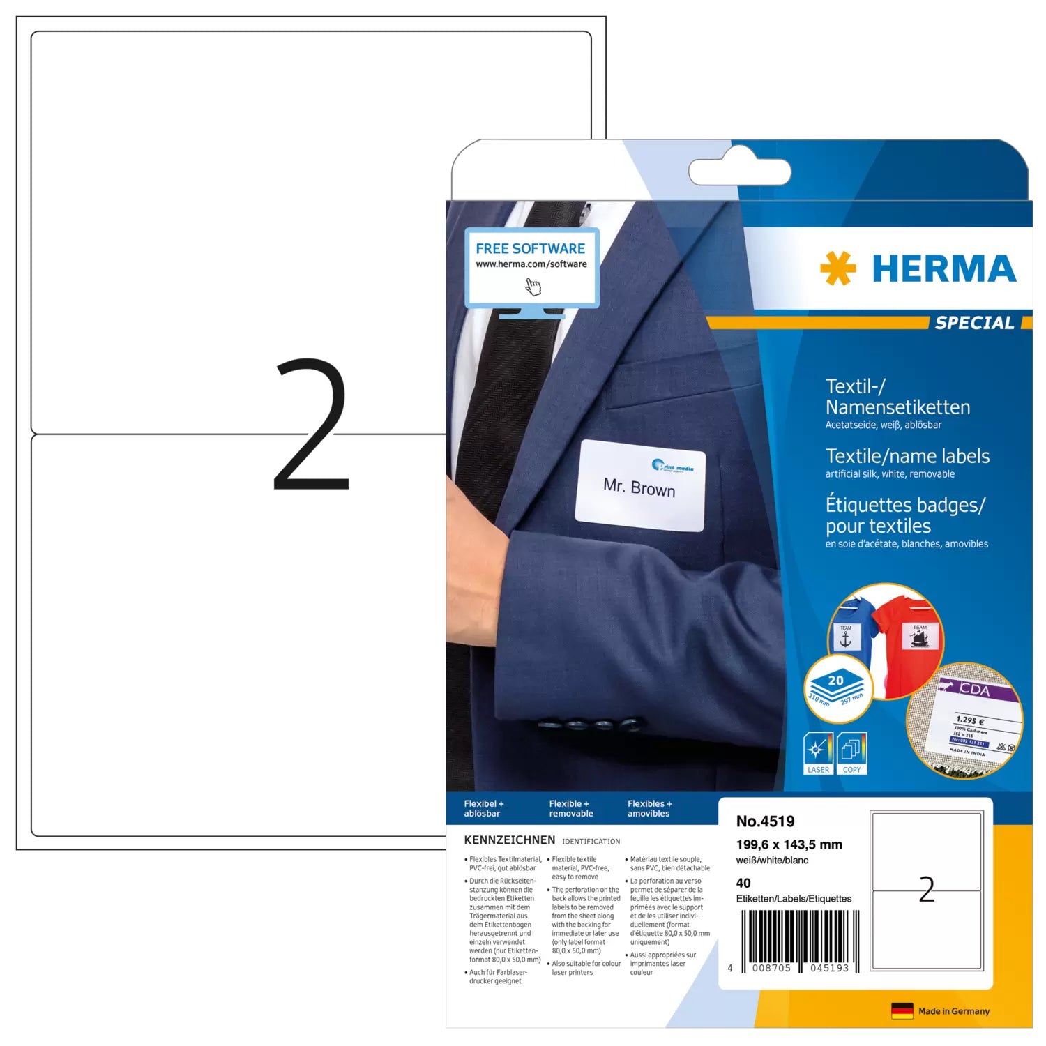 HERMA Textiletiketten, 200 mm × 144 mm, weiss, Textil, selbstklebend, 20 Blätter (40 Etiketten)
