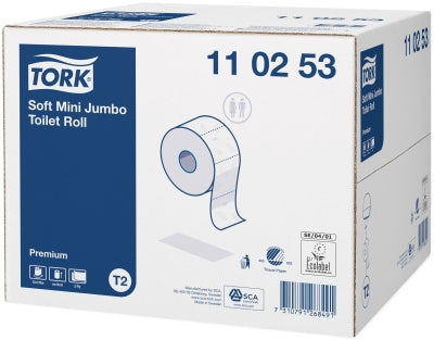 Tork Toilettenpapier Mini Jumbo – 2-lagig, Rollenlänge 170 m, 1214 Blatt/Rolle – für Tork T2 – 12 Rollen