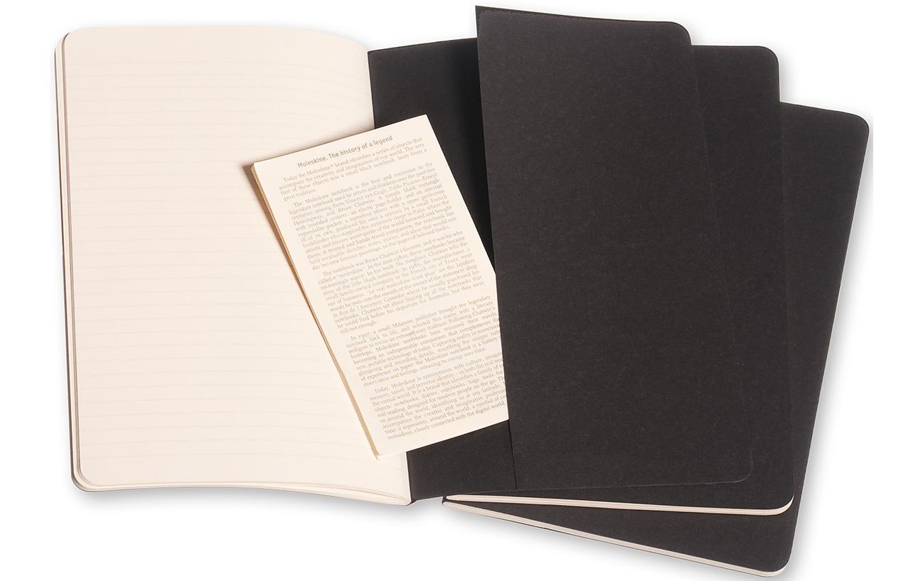Moleskine Notizheft – 130 × 210 mm – 80 Blatt – 70 g/m² – Fadenheftung, grosse Innentasche – schwarz, 3 Stück