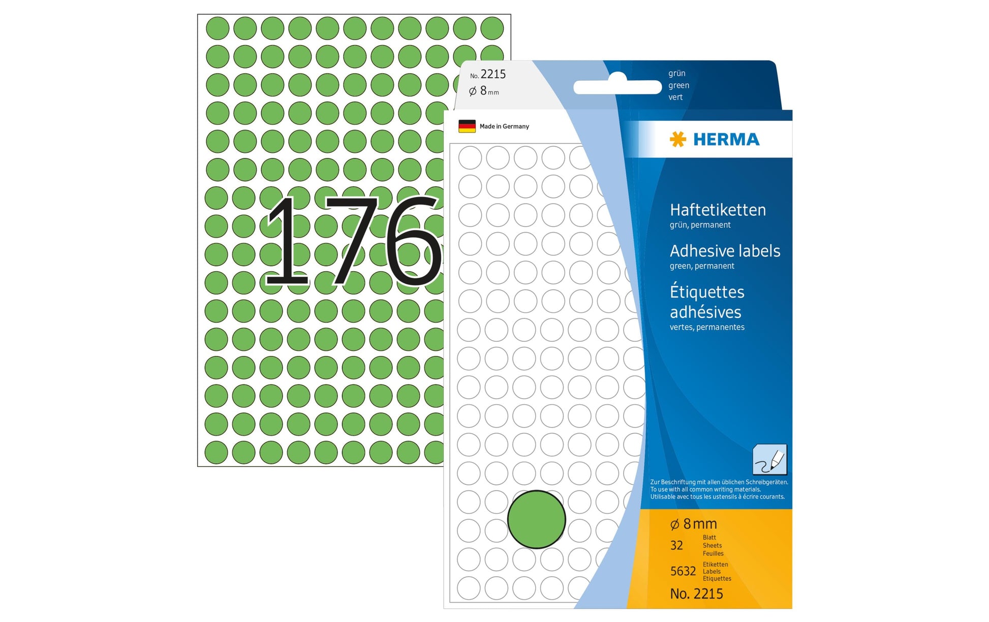 HERMA Haftetiketten – Ø 8 mm, permanent, grün, Bogen 111 × 170 mm, 32 Blätter (5'632 Stk.)
