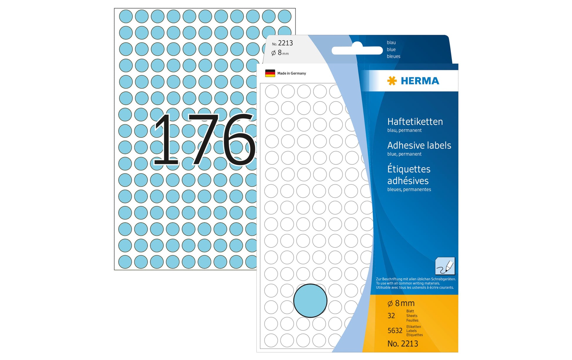 HERMA Haftetiketten – rund Ø 8 mm, permanent, blau, Bogen 111 × 170 mm, 32 Blatt (5'632 Stk.)