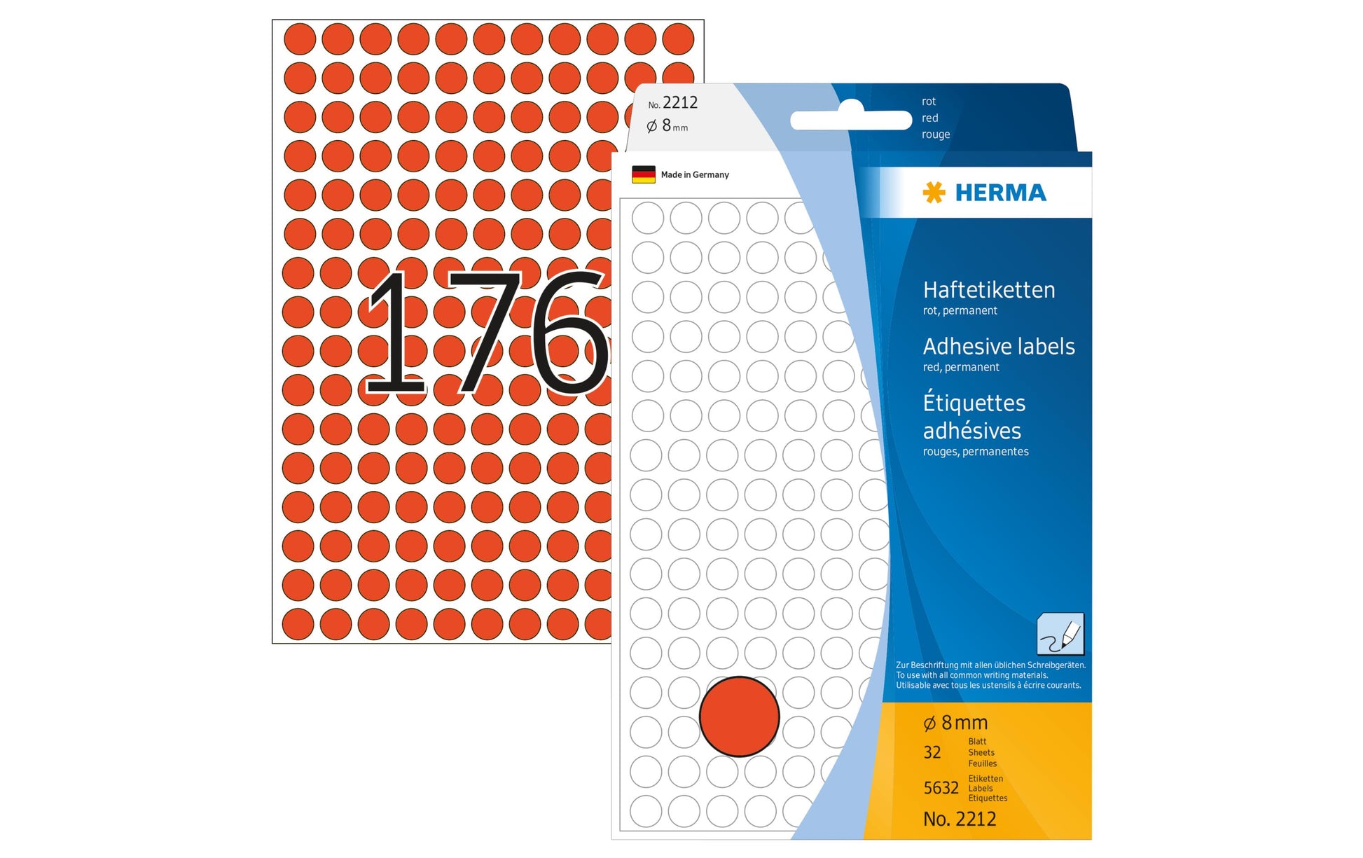 HERMA Haftetiketten – Ø 8 mm, permanent, rot, Bogen 111 × 170 mm, 32 Blätter (5'632 Stk.)