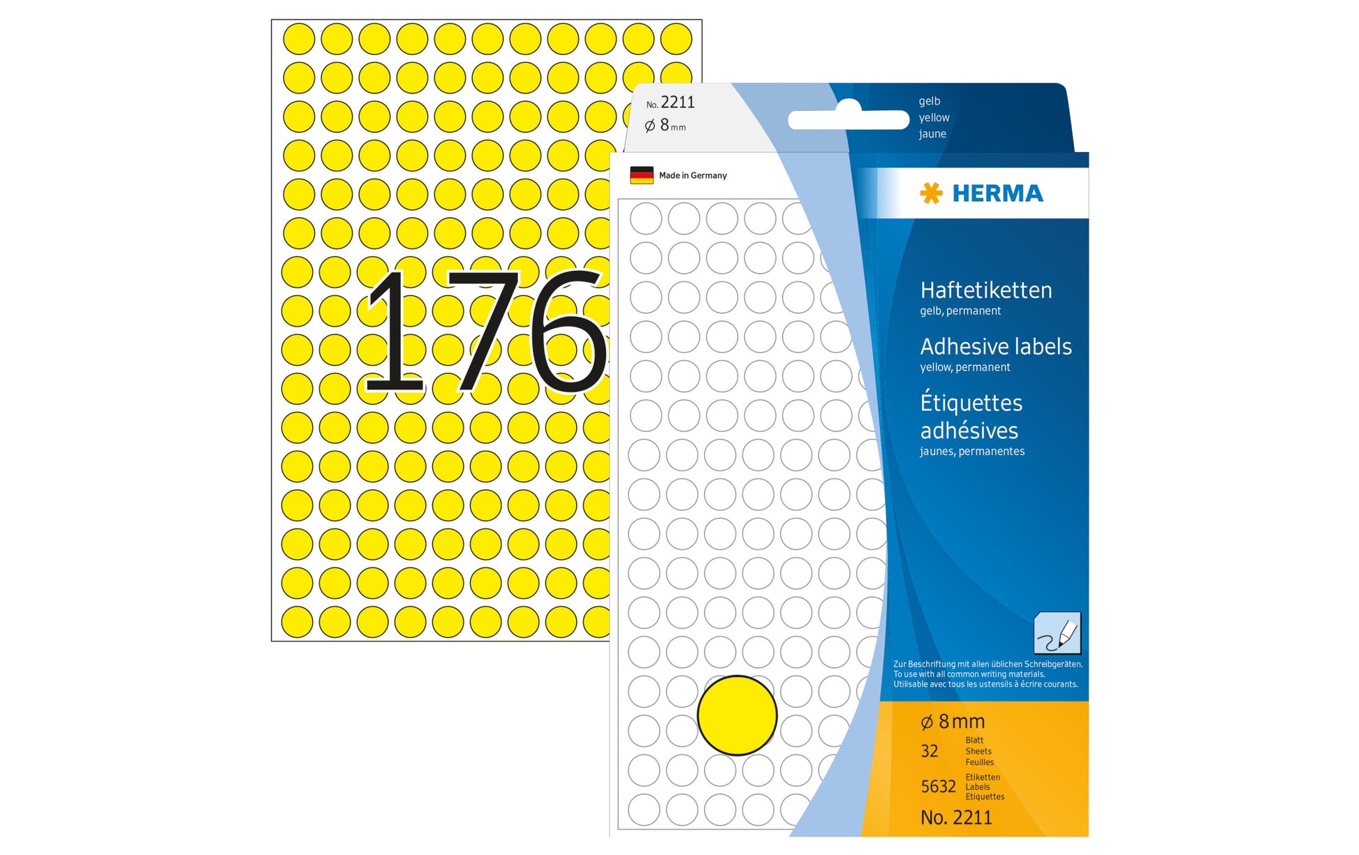 HERMA Haftetiketten – rund Ø 8 mm, permanent, gelb, Bogen 111 × 170 mm, 32 Blätter (5'632 Stk.)