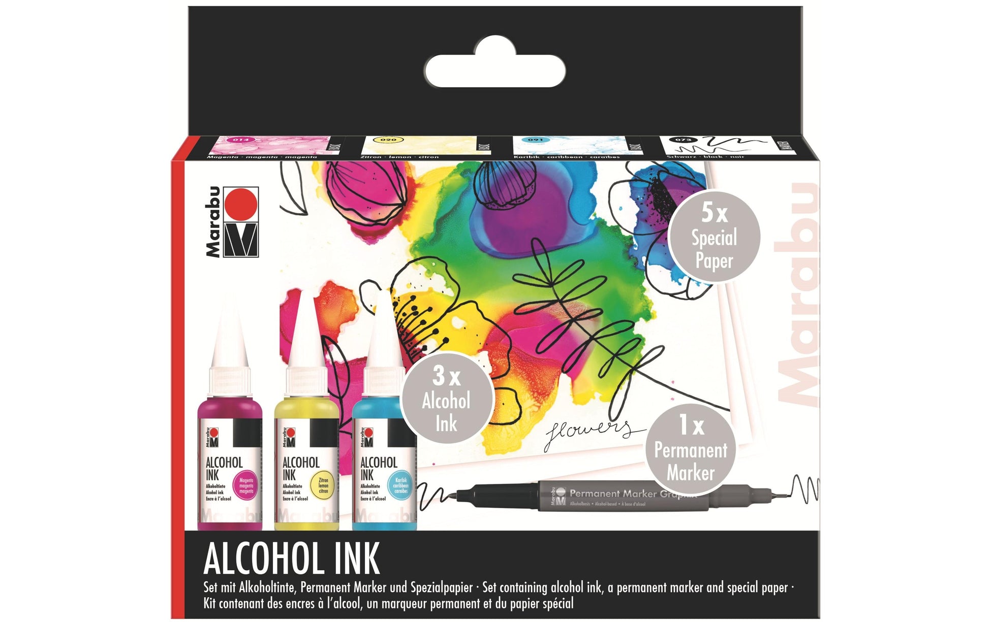 Marabu FLOWERS Alcohol Ink-Set – 3 Farben – 3×20 ml (60 ml) – inkl. Marker, 5×Spezialpapier A6
