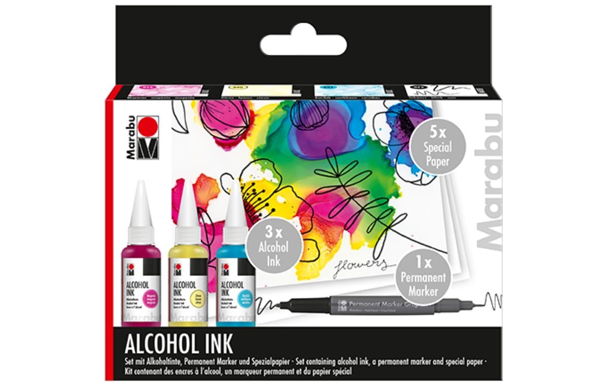 Marabu FLOWERS Alcohol Ink-Set – 3 Farben – 3×20 ml (60 ml) – inkl. Marker, 5×Spezialpapier A6