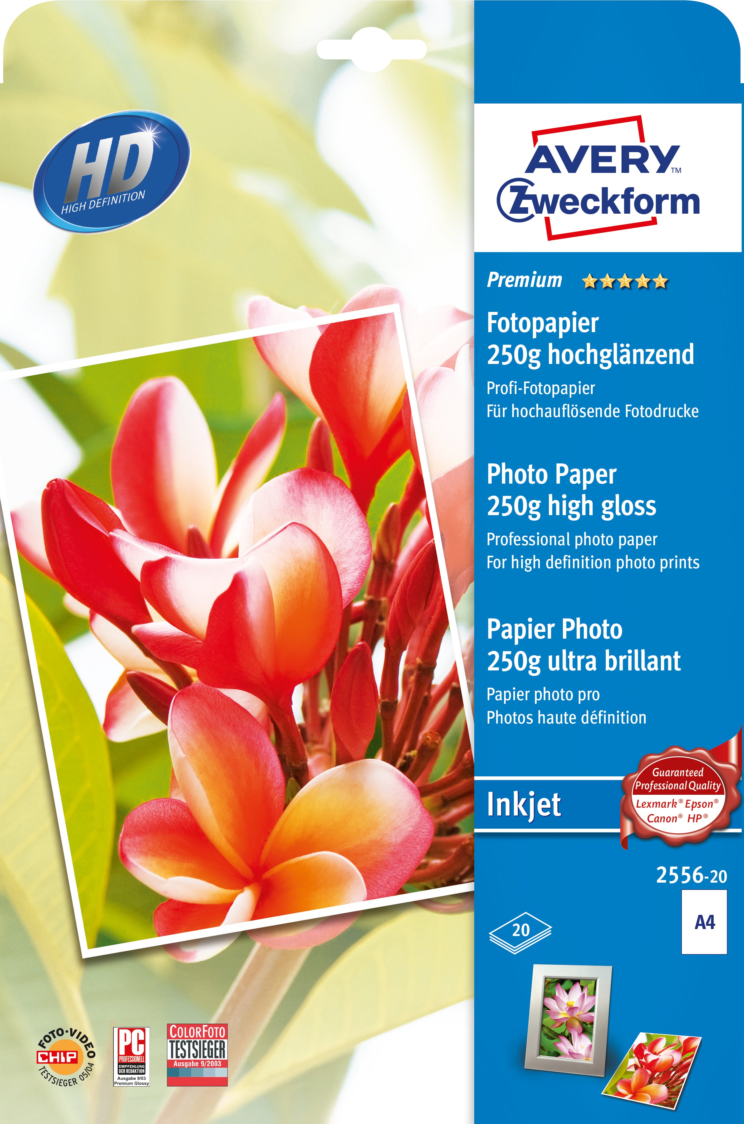 Avery Fotopapier – hochglänzend, A4, 250 g/m², 20 Blatt – für Inkjet-Drucker