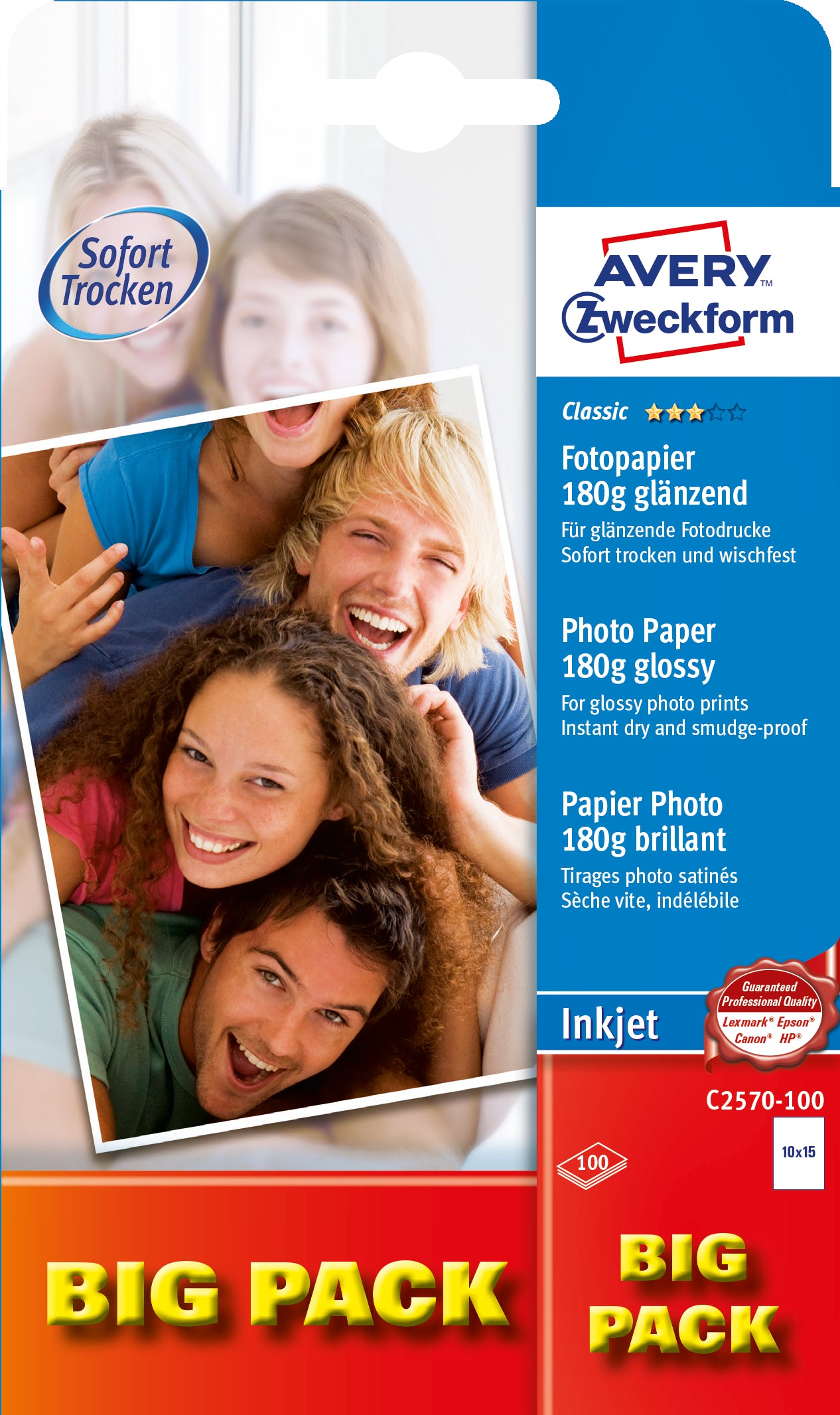 Avery Zweckform Classic Fotopapier – glänzend, 100 × 150 mm, 180 g/m², 100 Blatt – für Inkjetdrucker