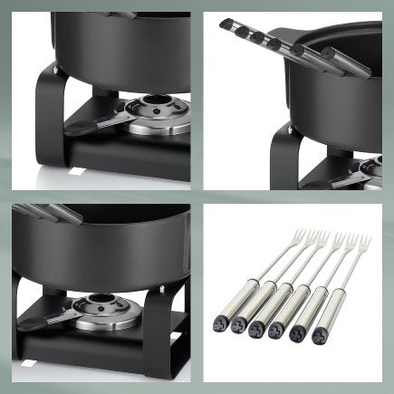 Kela Fondue-Set Roman – Ø 22,5 cm, Steingut, für Käsefondue, Gas, Schwarz, 6 Personen, 9 Teile