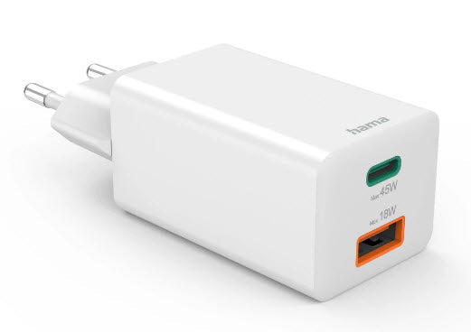Hama 00201993 USB-Ladegerät 45 W – USB-C×1, USB-A×1 – PD, QC 3.0 – GaN, EU-Stecker (Typ C), Weiss