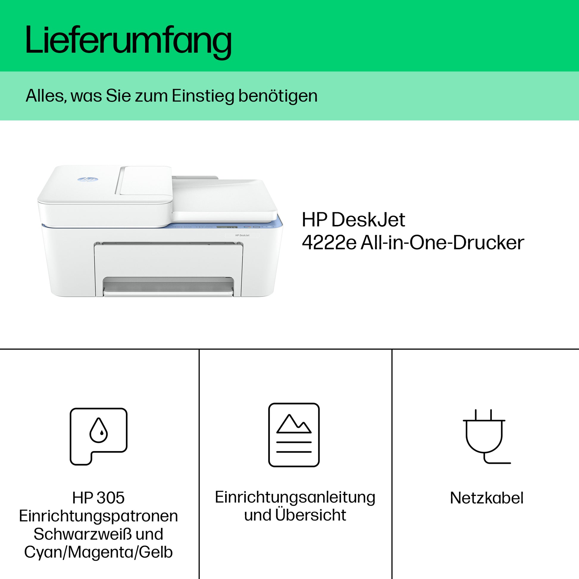 HP DeskJet 4222e All-in-One – Farbtintenstrahl-Multifunktionsdrucker, A4, 3-in-1, Duplex, ADF, WLAN, AirPrint