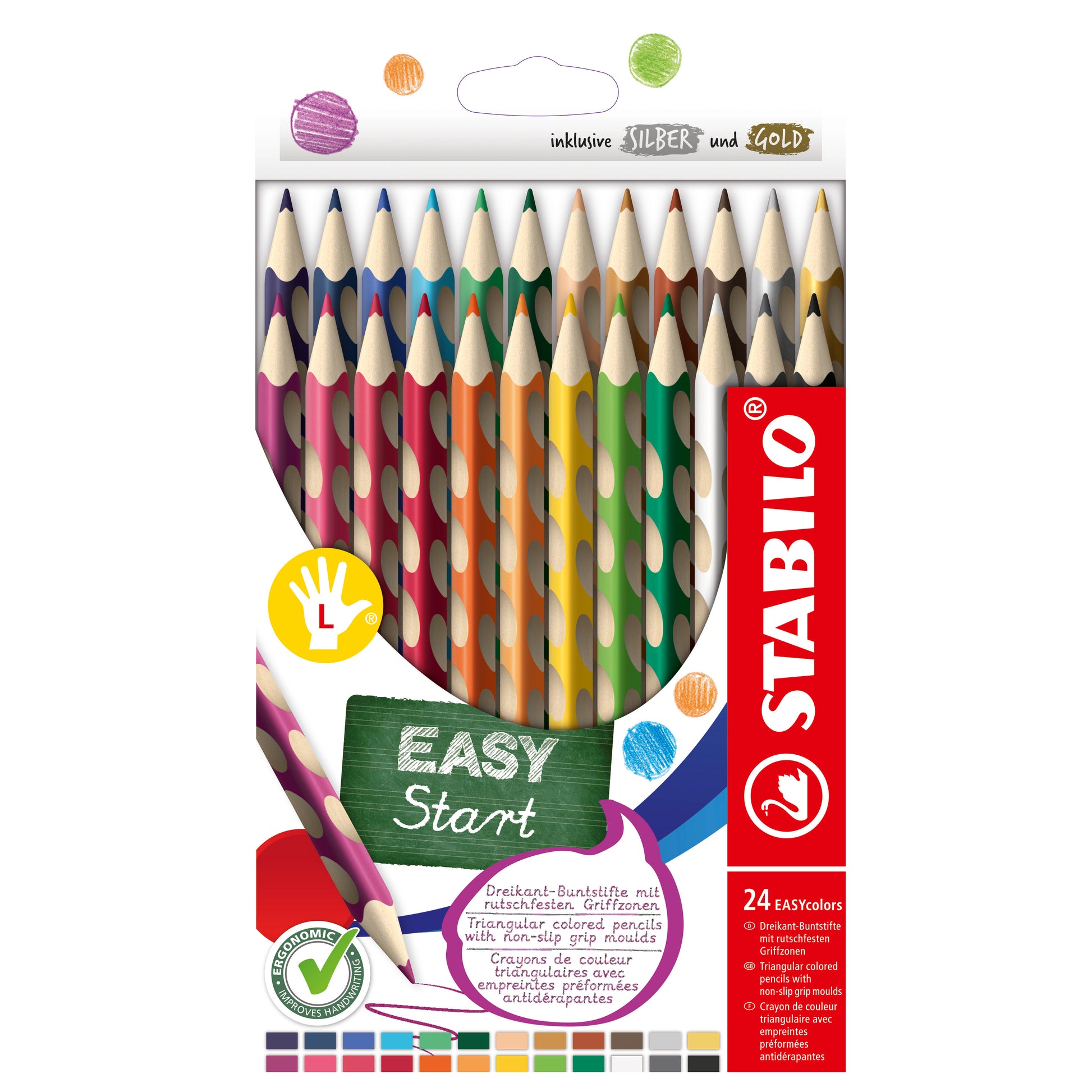 STABILO Buntstift, Mehrfarbig, 24er-Etui – Ergonomisch, Dreikant, Strichbreite 4,2 mm, für Linkshänder