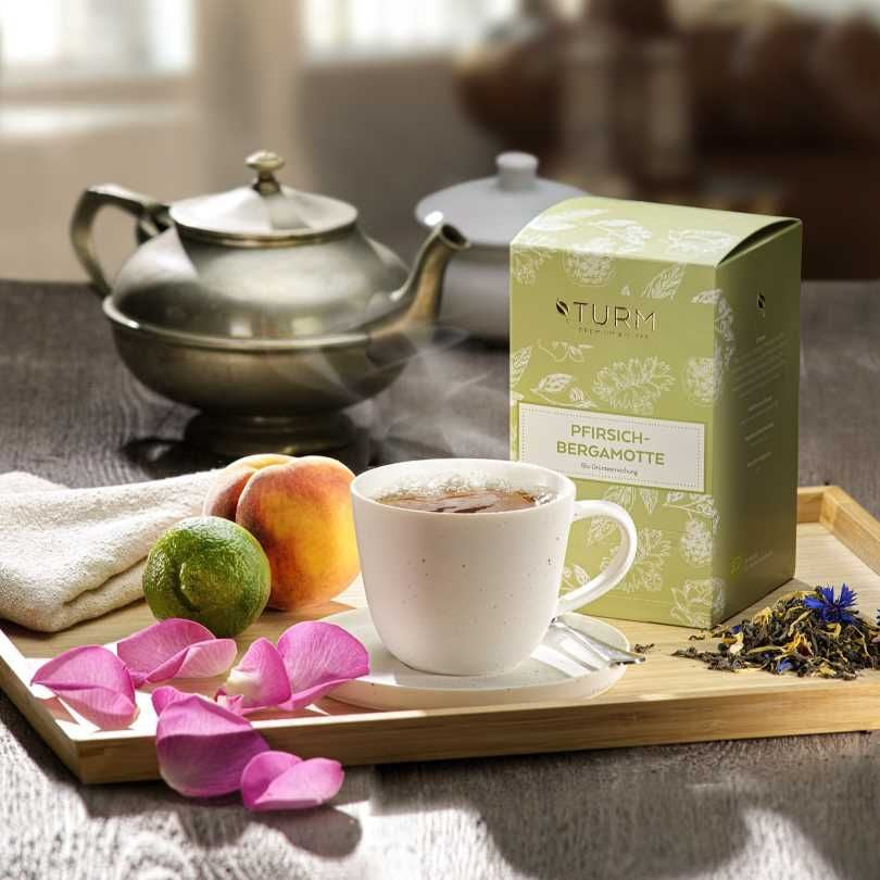 Turm Kaffee Grüntee Pfirsich & Bergamotte – Teebeutel 20 Beutel – Bio