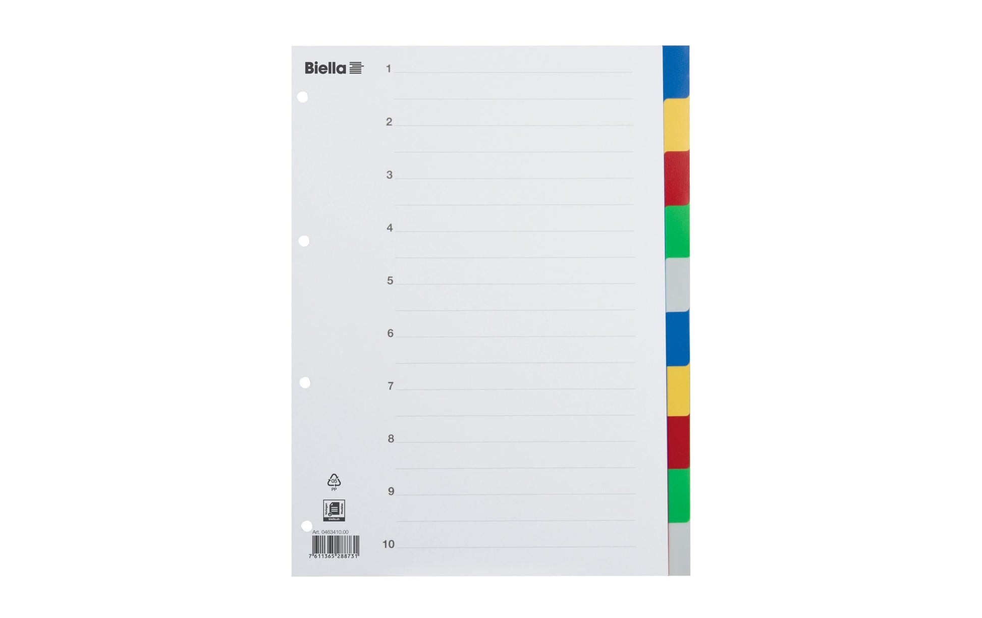 Biella Register – A4, 10-teilig, PP, farbig, unbedruckt, Indexblatt aus Karton, 4-fach gelocht