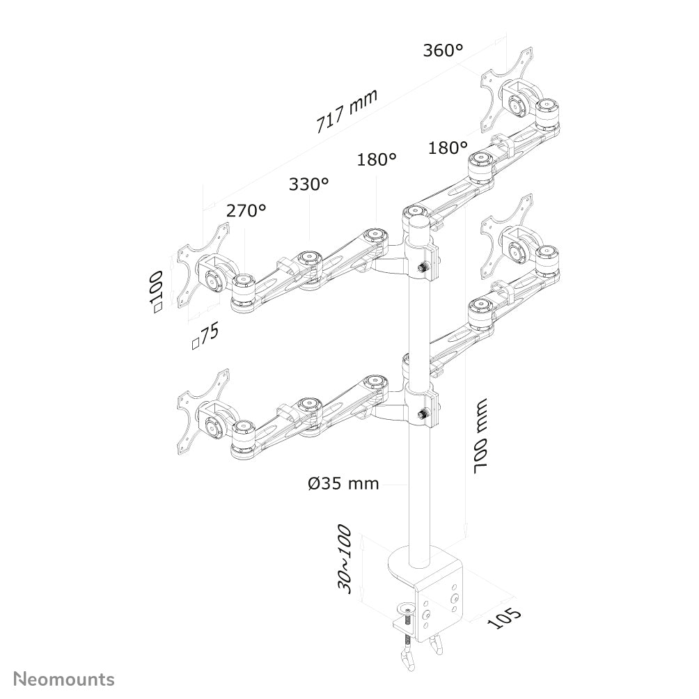 Neomounts Monitorarm, 4 Monitore, Tischklemme, bis 27", höhenverstellbar, Neigen/Schwenken, Drehen, Silber