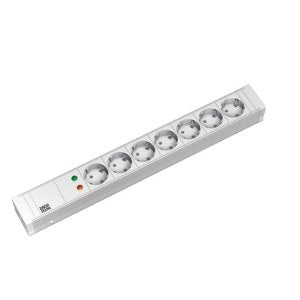 Bachmann Steckdosenleiste 7×T13, 2 m, Eingang Schutzkontaktwinkelstecker, 19" 1,5HE – weiss