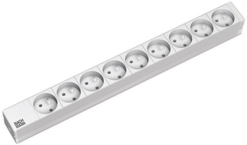 Bachmann Einbausteckdosenleiste 9×UTE, 19" 1HE, Eingang Schutzkontaktwinkelstecker (CEE 7/7), 2 m – Grau