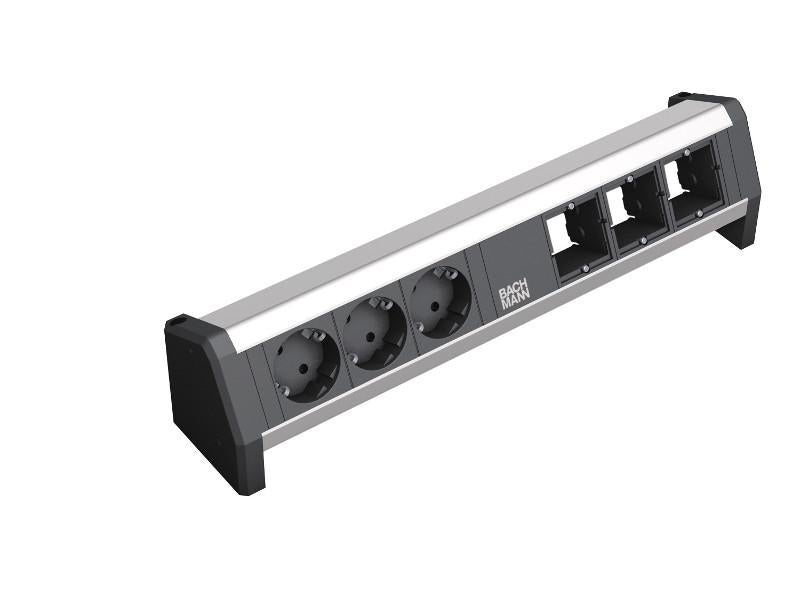 Bachmann Tischsteckdosenleiste, 3×Schuko (Typ F), Kindersicherung, Aluminiumgehäuse – schwarz/silber
